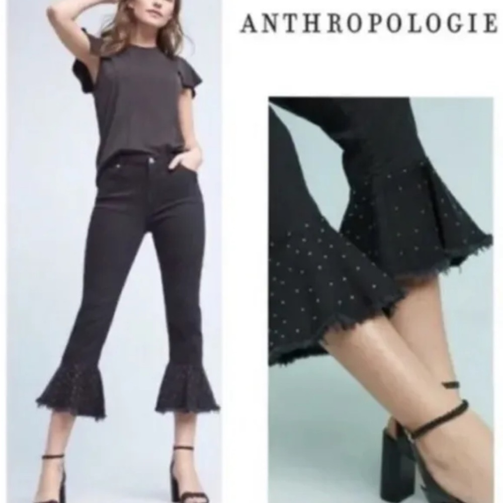 Pilcro Black‎ Cropped Studded Ruffle Cuff Jeans 32 Anthropologie